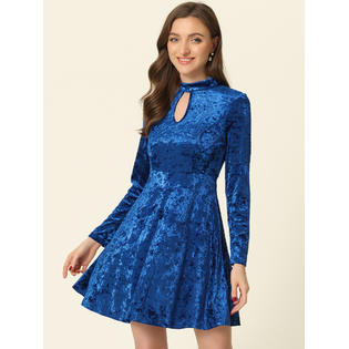 Unique Bargains Women's Keyhole Neck Dresses High Waist Long Sleeve Velvet Swing Mini Dress Royal Blue Unique Bargains Women's Keyhole Neck Dresses High Waist Long Sleeve Velvet Swing Mini Dress Royal Blue