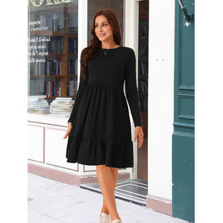 Unique Bargains Women's Casual Babydoll Dress with Pockets Long Sleeve Round Neck Tiered a Line Flowy Dress Black XL Unique Bargains Women's Casual Babydoll Dress with Pockets Long Sleeve Round Neck Tiered a Line Flowy Dress Black XL