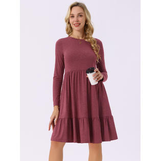 Unique Bargains Women's Casual Babydoll Dress with Pockets Long Sleeve Round Neck Tiered a Line Flowy Dress Wine Red XL Unique Bargains Women's Casual Babydoll Dress with Pockets Long Sleeve Round Neck Tiered a Line Flowy Dress Wine Red XL