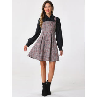 Inspire Chic Women's Dress Tweed Plaid Sleeveless A-Line Pinafore Overall Dress XS Red Black Inspire Chic Women's Dress Tweed Plaid Sleeveless A-Line Pinafore Overall Dress XS Red Black