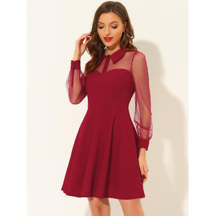 Unique Bargains Women's Retro Flat Collar Mesh Sheer Lantern Sleeve Fit and Flare Party Dress Red Unique Bargains Women's Retro Flat Collar Mesh Sheer Lantern Sleeve Fit and Flare Party Dress Red
