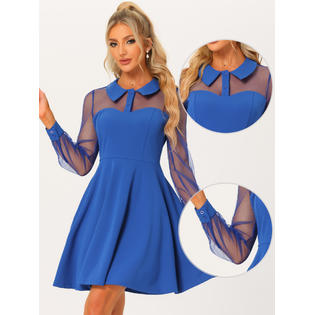 Unique Bargains Women's Retro Flat Collar Mesh Sheer Lantern Sleeve Fit and Flare Party Dress Royal Blue M Unique Bargains Women's Retro Flat Collar Mesh Sheer Lantern Sleeve Fit and Flare Party Dress Royal Blue M