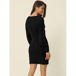 Unique Bargains Women's Deep V Neck Wrap Lantern Sleeve Slim Fit Casual Fall Winter Mini Sweater Dress Black S Unique Bargains Women's Deep V Neck Wrap Lantern Sleeve Slim Fit Casual Fall Winter Mini Sweater Dress Black S