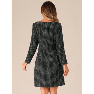 Unique Bargains Tweed Dress for Women's Square Neck Long Sleeve Elegant Cocktail Plaid Dress Black XS Unique Bargains Tweed Dress for Women's Square Neck Long Sleeve Elegant Cocktail Plaid Dress Black XS