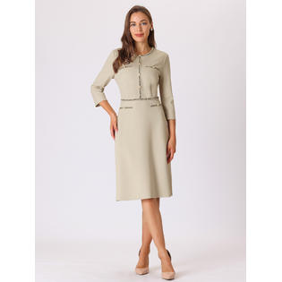 Unique Bargains Women's A-Line Dress Contrast Color Office Tweed Trim Dresses Grey Beige M Unique Bargains Women's A-Line Dress Contrast Color Office Tweed Trim Dresses Grey Beige M
