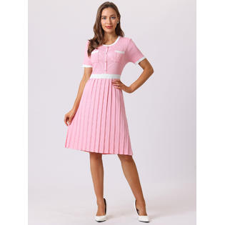 Unique Bargains Women's Pleated Dress Short Sleeve Sleeveless Knitted Contrast Color Dress Pink XL Unique Bargains Women's Pleated Dress Short Sleeve Sleeveless Knitted Contrast Color Dress Pink XL