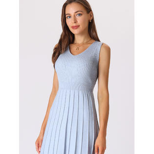 Unique Bargains Women's Midi Dress V Neck Sleeveless Knitted Pleated Dress Blue XL Unique Bargains Women's Midi Dress V Neck Sleeveless Knitted Pleated Dress Blue XL