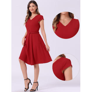 Unique Bargains Cocktail Dresses for Women's Belted V Neck Cap Sleeve Flowy A-line Dress Red S Unique Bargains Cocktail Dresses for Women's Belted V Neck Cap Sleeve Flowy A-line Dress Red S