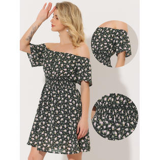 Unique Bargains Allegra K Women's Floral Print Off Shoulder A-Line Smocked Dress Black S Unique Bargains Allegra K Women's Floral Print Off Shoulder A-Line Smocked Dress Black S
