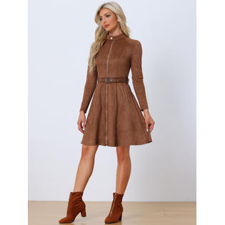 faux suede dress long sleeve Long Sleeve Faux Suede Sheath Dress Black / M