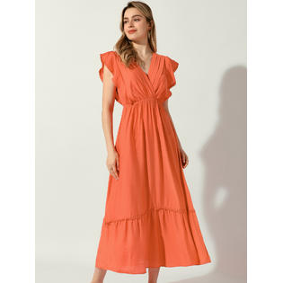Unique Bargains V Neck Dress for Women's Swing Ruched Sleeveless Ruffle Vacation Maxi Dresses Orange S Unique Bargains V Neck Dress for Women's Swing Ruched Sleeveless Ruffle Vacation Maxi Dresses Orange S