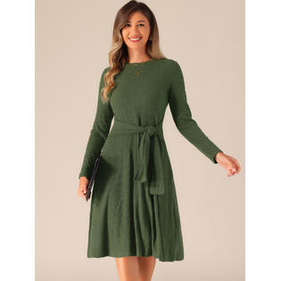 Unique Bargains Women's Long Sleeve Knitted Dress Ribbed Crew Neck Tie Waist Bodycon Slim Fit Midi Unique Bargains Women's Long Sleeve Knitted Dress Ribbed Crew Neck Tie Waist Bodycon Slim Fit Midi