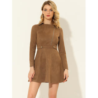 Unique Bargains Women's Faux Suede Dress Notched Collar Long Sleeve Metal Zipper Moto Dresses Brown S Unique Bargains Women's Faux Suede Dress Notched Collar Long Sleeve Metal Zipper Moto Dresses Brown S