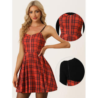 Unique Bargains Plaid Dress for Women's Spaghetti Strap Christmas Skater Dress Red M Unique Bargains Plaid Dress for Women's Spaghetti Strap Christmas Skater Dress Red M