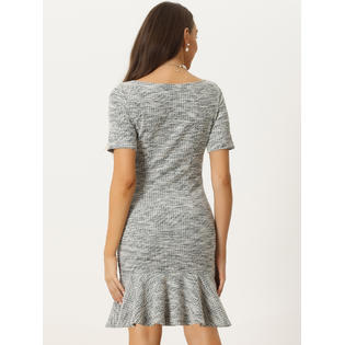 Unique Bargains Plaid Tweed Dress for Women's Elegant Short Sleeve Mermaid Hem Gorgeous Work Midi Bodycon Unique Bargains Plaid Tweed Dress for Women's Elegant Short Sleeve Mermaid Hem Gorgeous Work Midi Bodycon