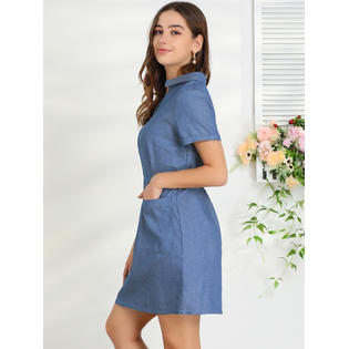 Unique Bargains Allegra K Women's Turndown Collar Chambray A-Line Dress Denim Blue XS Unique Bargains Allegra K Women's Turndown Collar Chambray A-Line Dress Denim Blue XS
