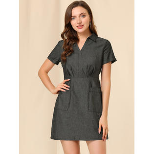 Unique Bargains Allegra K Women's Turndown Collar Chambray A-Line Dress Black S Unique Bargains Allegra K Women's Turndown Collar Chambray A-Line Dress Black S