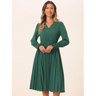 Unique Bargains V Neck Dresses for Women's Pleated Puff Sleeve Flowy Elegant Casual Midi Dress Dark Green S Unique Bargains V Neck Dresses for Women's Pleated Puff Sleeve Flowy Elegant Casual Midi Dress Dark Green S