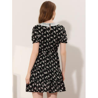 Unique Bargains Women's Fit and Flare Peter Pan Collar Floral Dress Black XL Unique Bargains Women's Fit and Flare Peter Pan Collar Floral Dress Black XL