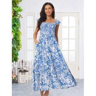 Unique Bargains Women's Summer Boho Smocked Beach Dresses Square Neck Ruffle Cap Sleeve Floral Flowy Tiered Unique Bargains Women's Summer Boho Smocked Beach Dresses Square Neck Ruffle Cap Sleeve Floral Flowy Tiered