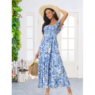 Unique Bargains Women's Summer Boho Smocked Beach Dresses Square Neck Ruffle Cap Sleeve Floral Flowy Tiered Unique Bargains Women's Summer Boho Smocked Beach Dresses Square Neck Ruffle Cap Sleeve Floral Flowy Tiered
