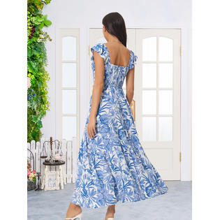 Unique Bargains Women's Summer Boho Smocked Beach Dresses Square Neck Ruffle Cap Sleeve Floral Flowy Tiered Unique Bargains Women's Summer Boho Smocked Beach Dresses Square Neck Ruffle Cap Sleeve Floral Flowy Tiered