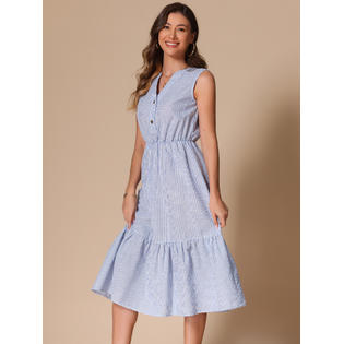 Unique Bargains Striped Shirt Dress for Women's Summer Casual Pleated Ruffle Midi Dress Blue XL Unique Bargains Striped Shirt Dress for Women's Summer Casual Pleated Ruffle Midi Dress Blue XL