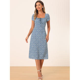 Unique Bargains Retro Dress for Women's Cherry Print Square Neck Drawstring Midi Dress Blue S Unique Bargains Retro Dress for Women's Cherry Print Square Neck Drawstring Midi Dress Blue S