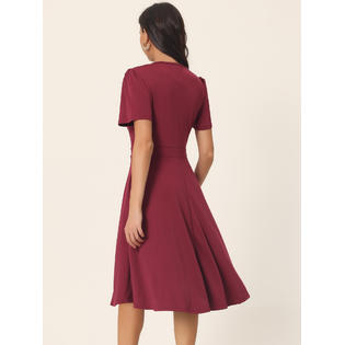 Unique Bargains Women's Summer Wrap V Neck Puff Short Sleeve Midi Swing Dress with Pockets Wine Unique Bargains Women's Summer Wrap V Neck Puff Short Sleeve Midi Swing Dress with Pockets Wine