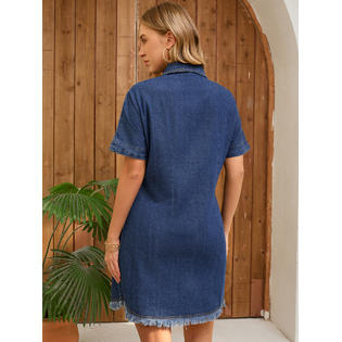Unique Bargains CIMUK Women's Denim Dress Button Front Frayed Hem Collared Short Sleeve Jean Shirt Dresses Dark Blue L Unique Bargains CIMUK Women's Denim Dress Button Front Frayed Hem Collared Short Sleeve Jean Shirt Dresses Dark Blue L