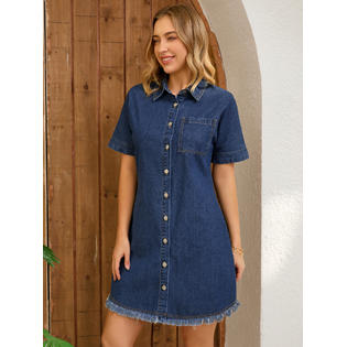 Unique Bargains CIMUK Women's Denim Dress Button Front Frayed Hem Collared Short Sleeve Jean Shirt Dresses Unique Bargains CIMUK Women's Denim Dress Button Front Frayed Hem Collared Short Sleeve Jean Shirt Dresses
