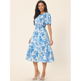 Unique Bargains Women's Summer Casual Floral Dress with Pockets Puff Sleeve Round Neck Cutout Waist Boho Unique Bargains Women's Summer Casual Floral Dress with Pockets Puff Sleeve Round Neck Cutout Waist Boho