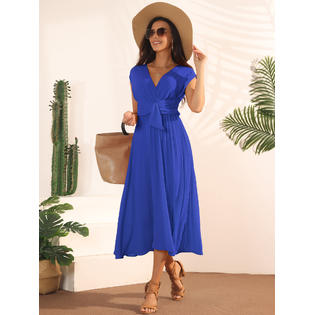 Unique Bargains Women's Casual Sleeveless Wrap V Neck Flowy Ruffle Pleated Midi Dress with Belt Unique Bargains Women's Casual Sleeveless Wrap V Neck Flowy Ruffle Pleated Midi Dress with Belt