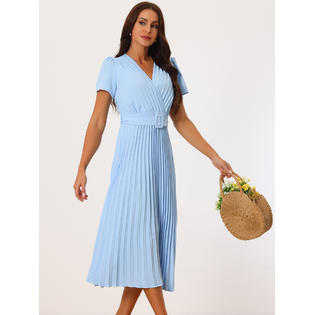 Unique Bargains Women's 2024 Casual Short Sleeve Wrap V Neck Flowy Pleated Midi Dress with Belt Unique Bargains Women's 2024 Casual Short Sleeve Wrap V Neck Flowy Pleated Midi Dress with Belt