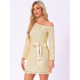 Unique Bargains Women's Sequin Dress Long Sleeve One Shoulder Sparkly Glitter Party Dress with Belt Unique Bargains Women's Sequin Dress Long Sleeve One Shoulder Sparkly Glitter Party Dress with Belt