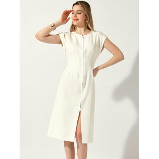 Unique Bargains Women's Casual Summer Dress Zipper Front Round Neck Short Sleeve Front Split Midi Dresses Unique Bargains Women's Casual Summer Dress Zipper Front Round Neck Short Sleeve Front Split Midi Dresses