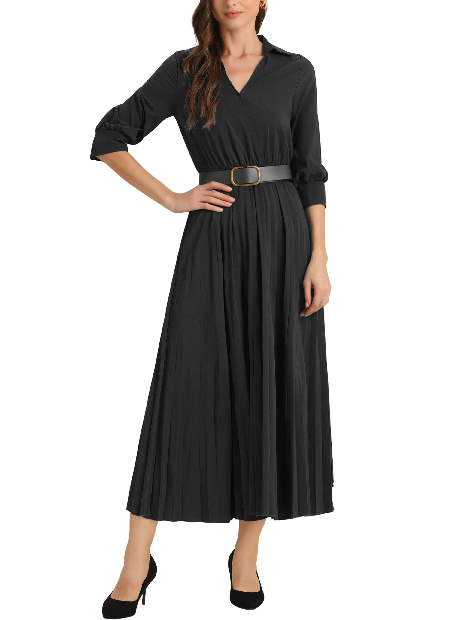 Inspire Chic Women's Dress Pleated 3/4 Sleeves Collared V Neck Belted Maxi Dresses Xs White