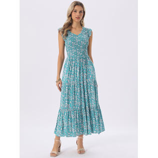 Unique Bargains INSPIRE CHIC Women's Summer Dresses Casual Cap Sleeve V Neck Smocked Floral Ruffle Tiered Unique Bargains INSPIRE CHIC Women's Summer Dresses Casual Cap Sleeve V Neck Smocked Floral Ruffle Tiered