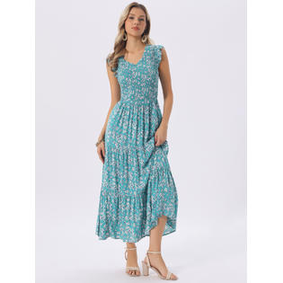 Unique Bargains INSPIRE CHIC Women's Summer Dresses Casual Cap Sleeve V Neck Smocked Floral Ruffle Tiered Unique Bargains INSPIRE CHIC Women's Summer Dresses Casual Cap Sleeve V Neck Smocked Floral Ruffle Tiered