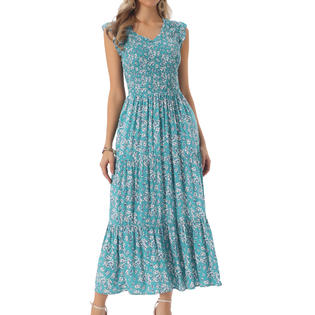 Unique Bargains INSPIRE CHIC Women's Summer Dresses Casual Cap Sleeve V Neck Smocked Floral Ruffle Tiered Flowy Beach Maxi Dress XL Green Unique Bargains INSPIRE CHIC Women's Summer Dresses Casual Cap Sleeve V Neck Smocked Floral Ruffle Tiered Flowy Beach Maxi Dress XL Green