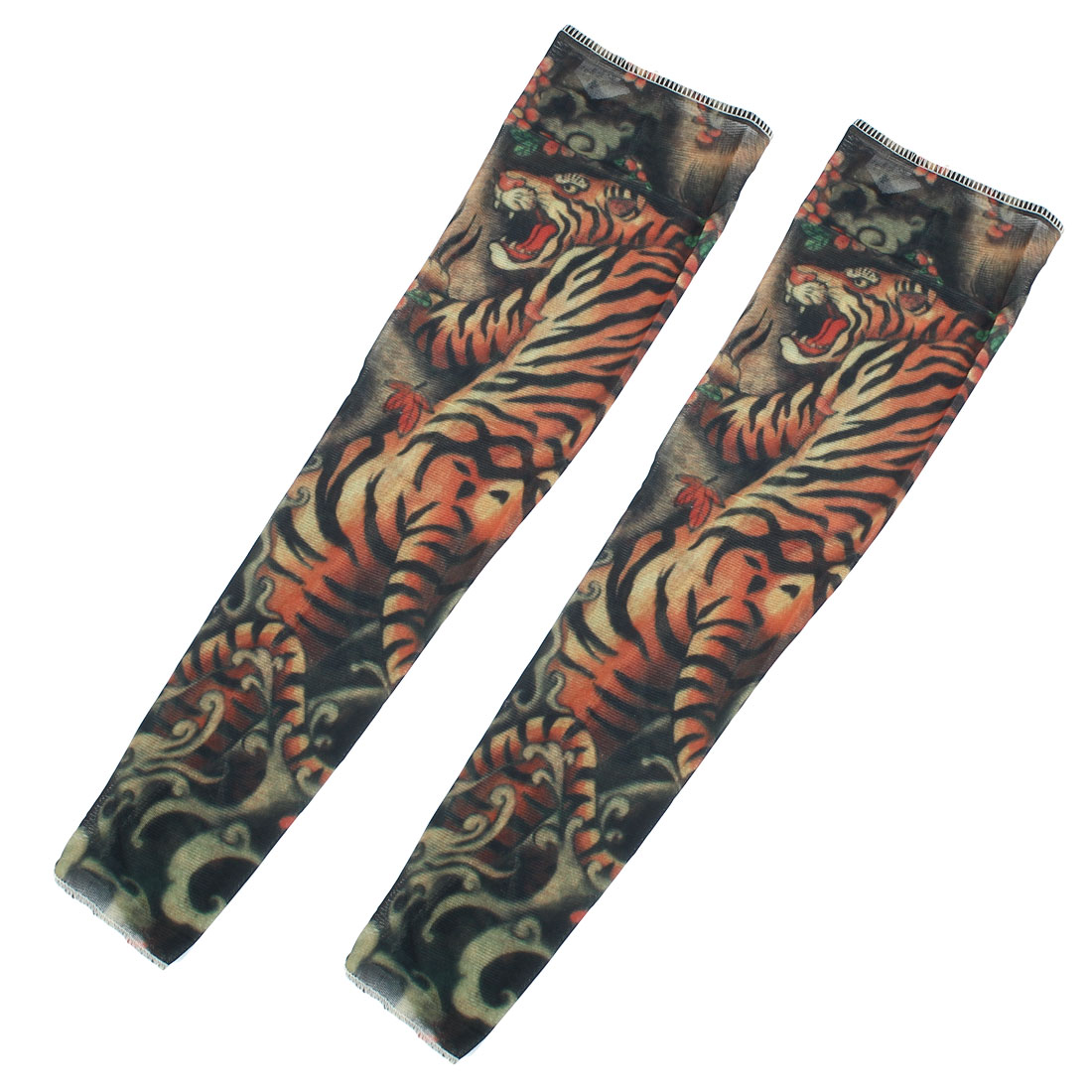 Unique Bargains 2 Pcs Tiger Pattern Fake Tattoo Support Stretchy Arm Sleeve