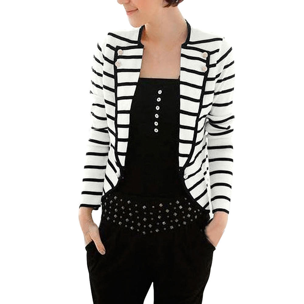 Unique Bargains Women's Notched Lapel Button Decor Lightweight Striped Blazer Jacket XS Black White