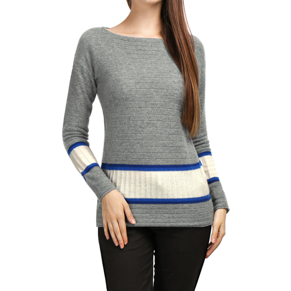 Unique Bargains Women 100% Cashmere Jersey Contrast Rib Knit Boat Neck Sweater