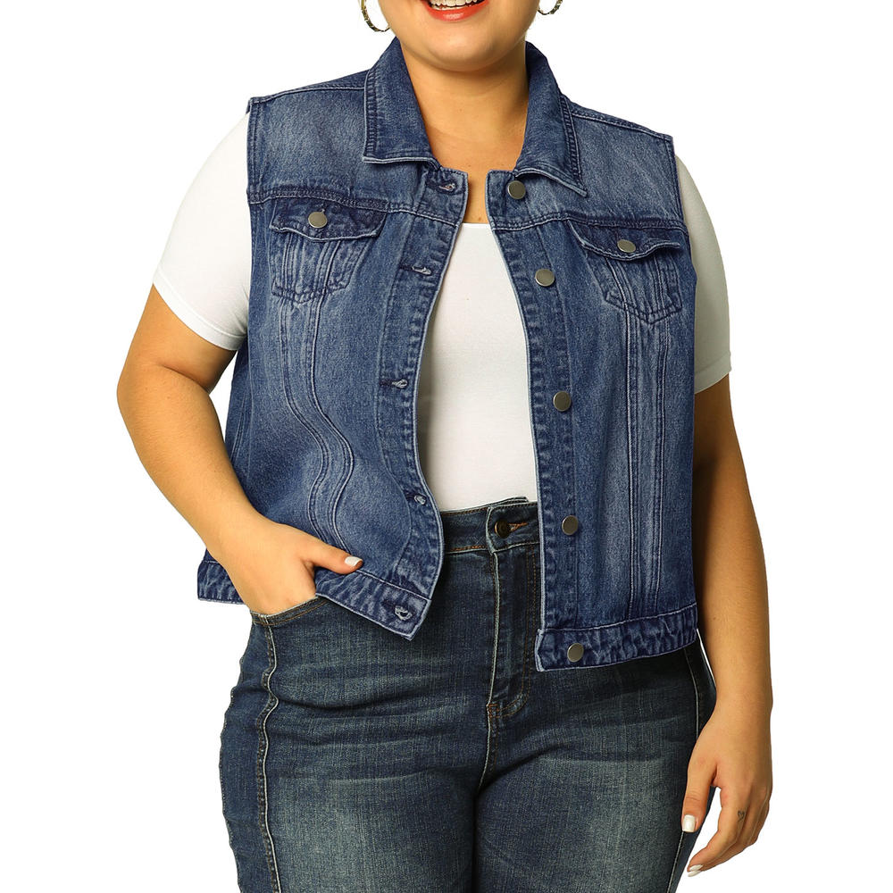 Unique Bargains Women's Plus Size Bust Pockets Button Up Slim Fit Denim Vest