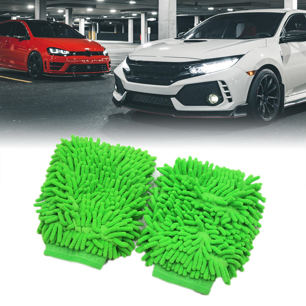 Unique Bargains 2pcs Green Microfiber Chenille Washing Cleaning Glove Mitten for Car Body Home
