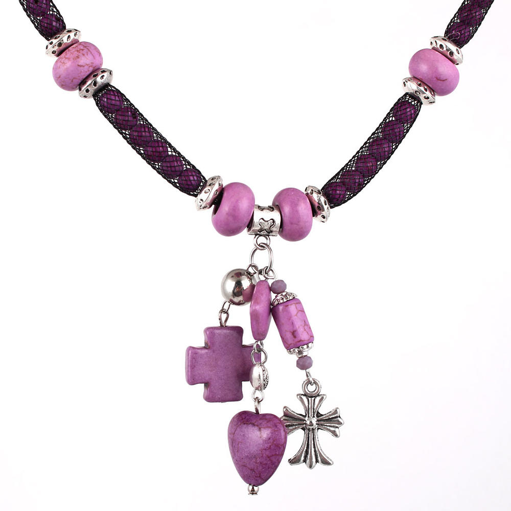 Unique Bargains Lady Fashion Jewelry Stone Bead Heart Cross Pendant Mesh Cover Necklace Purple