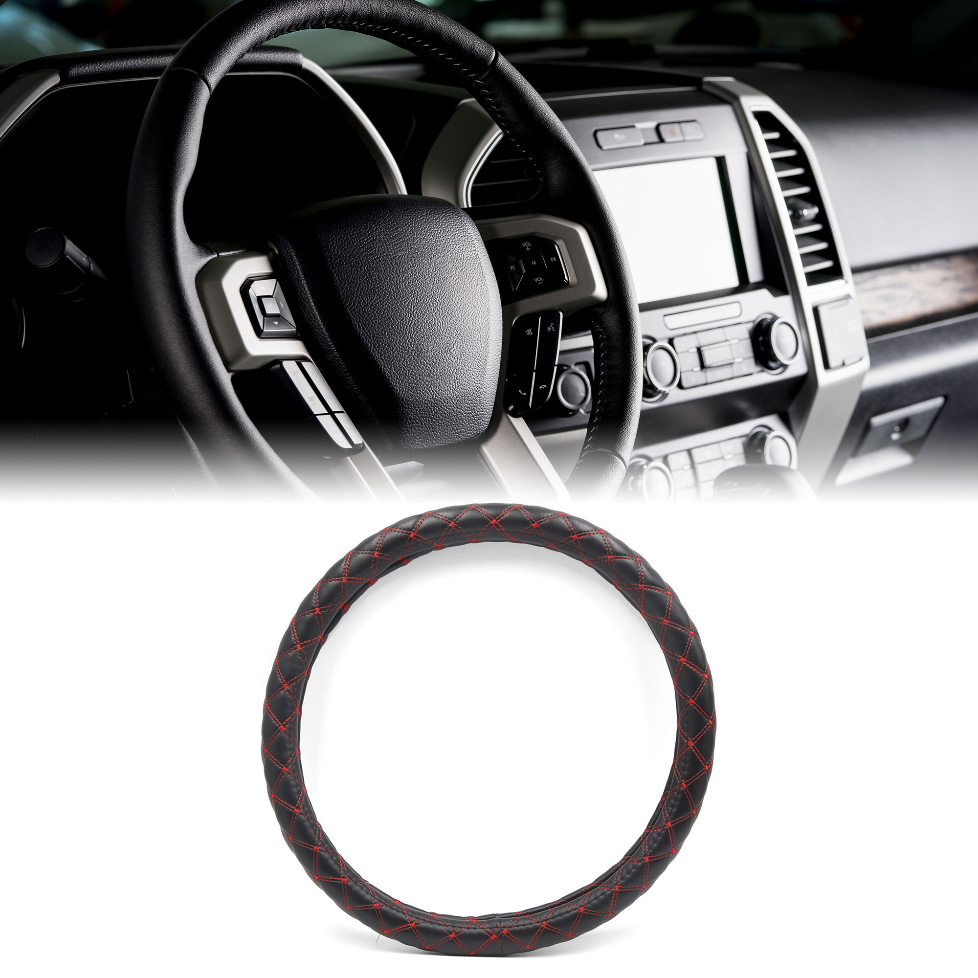 Unique Bargains 50cm Outer Dia. Black Faux Leather Red Quilted Stitch Pattern Car Truck Steering Wheel Cover