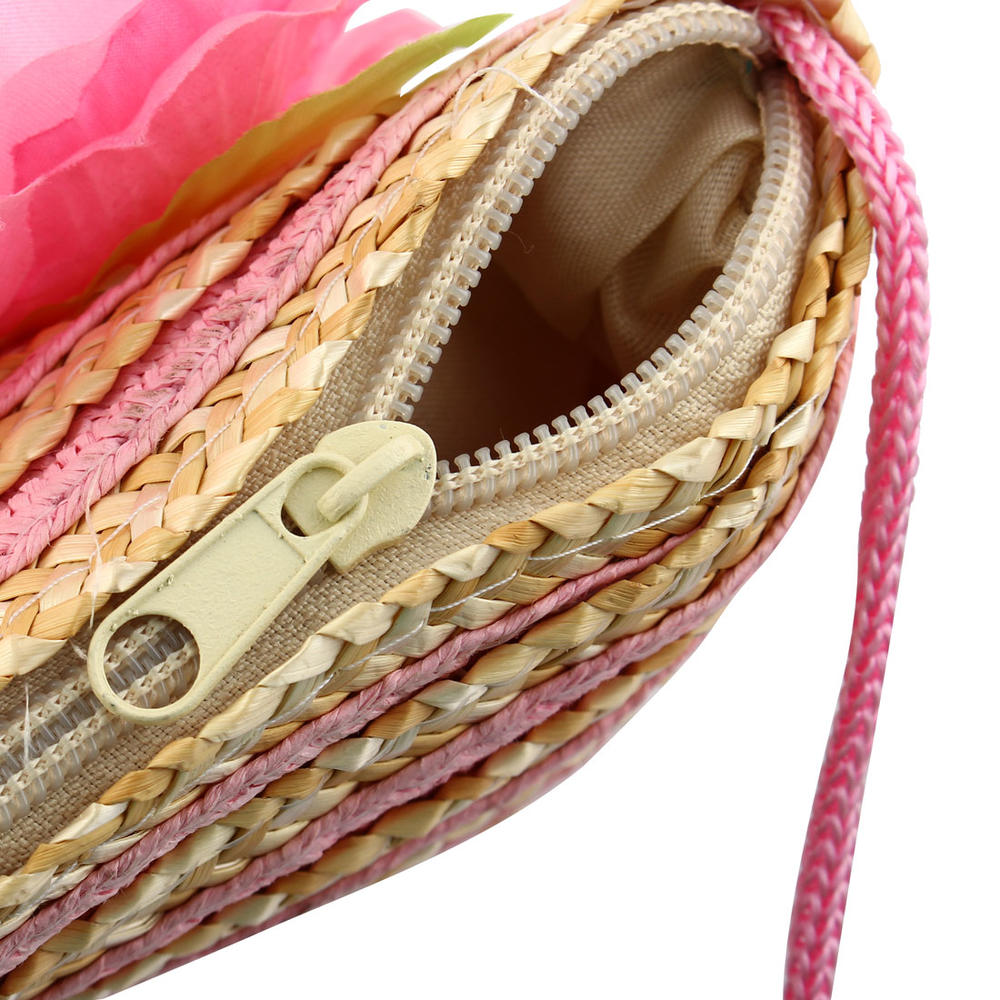 Unique Bargains Women Straw Woven Bag Basket Crossbody Pouch Pack Shoulder Pocket Purse Pink