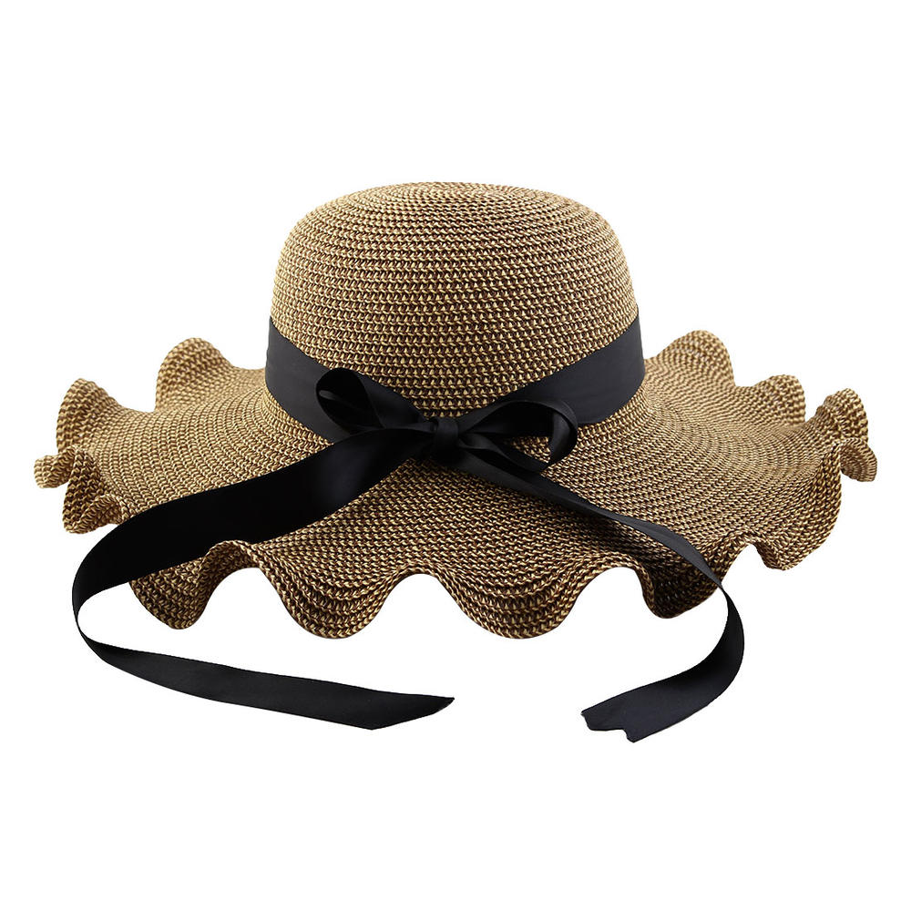 Unique Bargains Holiday Straw Braid Bowknot Decor Wave Wide Brim Summer Beach Cap Sun Hat #2
