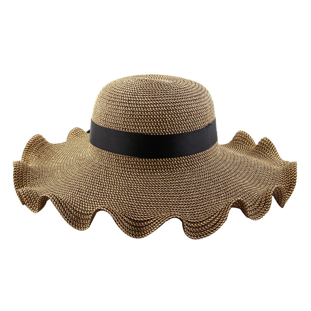 Unique Bargains Holiday Straw Braid Bowknot Decor Wave Wide Brim Summer Beach Cap Sun Hat #2